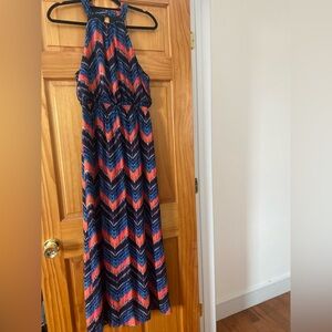 Chevron Print Halter Maxi Dress Boho Tribal Orange Blue Size M